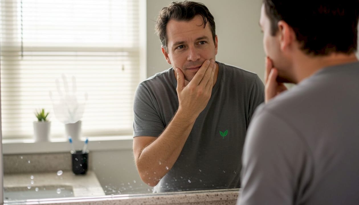 Man inspecting skin in bathroom mirror