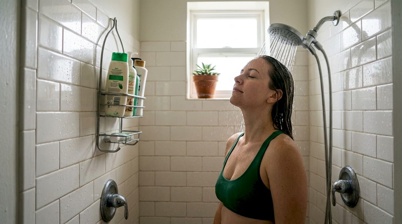 Woman relaxing under gentle eco shower stream