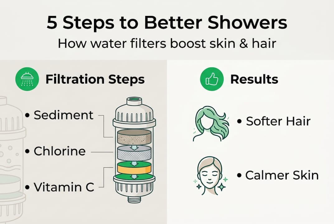 Infographic showing shower filter steps and benefits