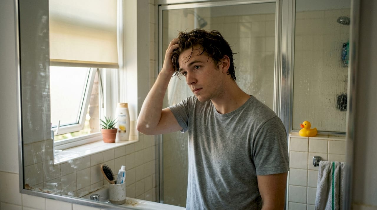 Man checking hair condition after shower