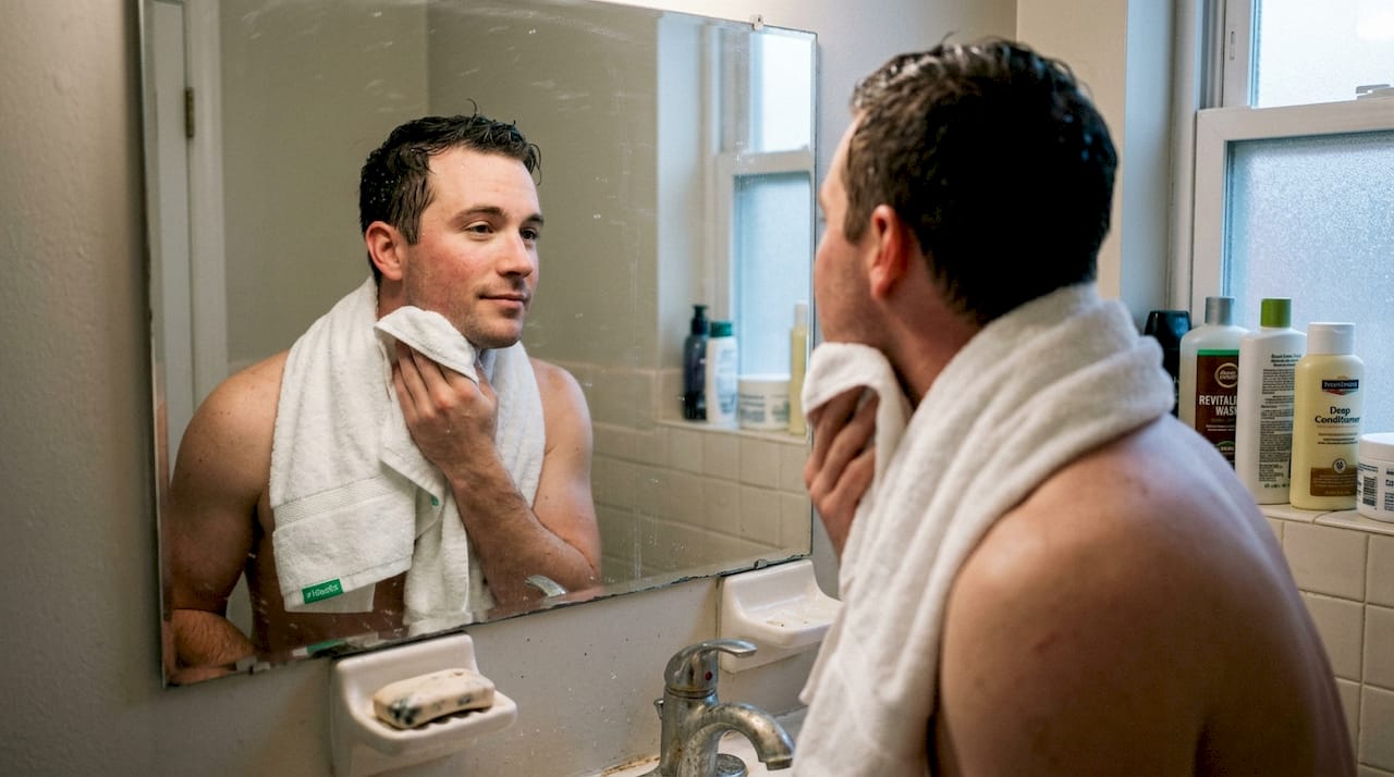 Man drying face after shower red skin
