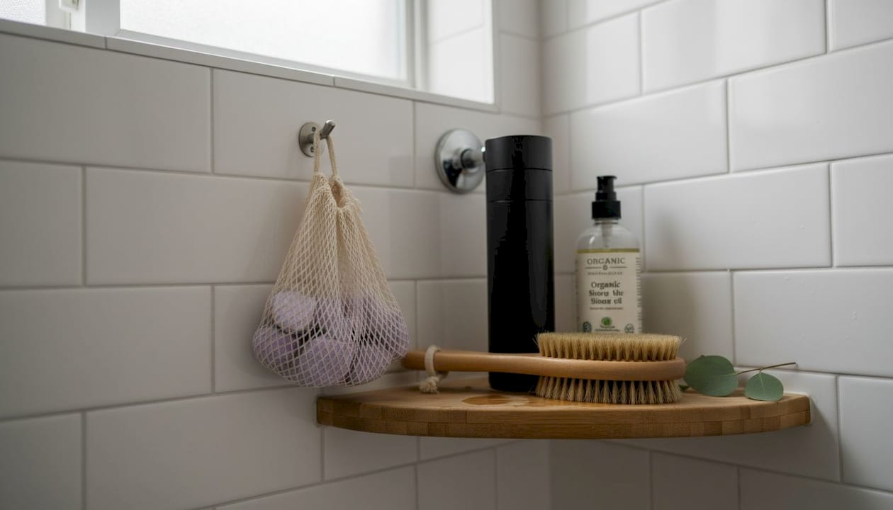 Shower shelf with wellness accessories and filter