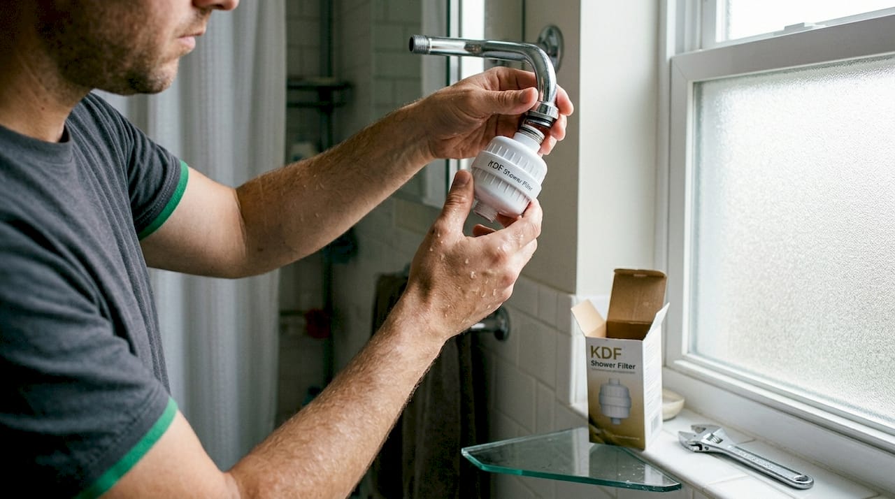 Hands installing KDF shower filter in bathroom
