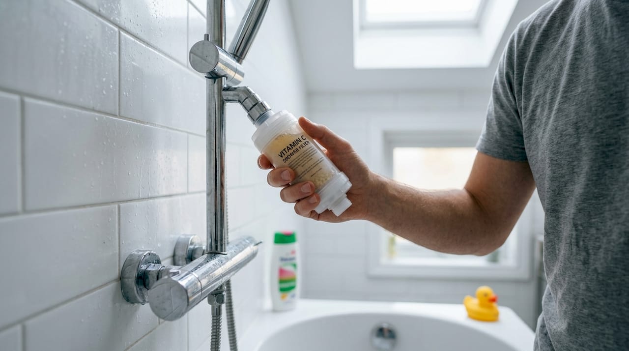Hand installing Vitamin C shower cartridge