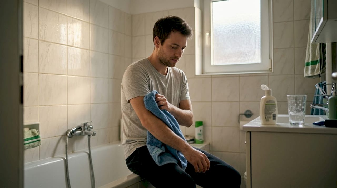 Man scratching arm after shower in bathroom