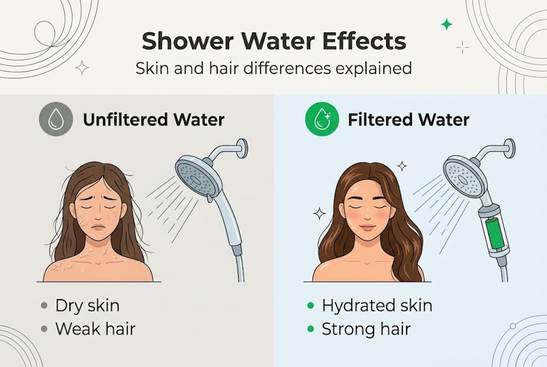 Infographic showing skin and hair effects from shower water
