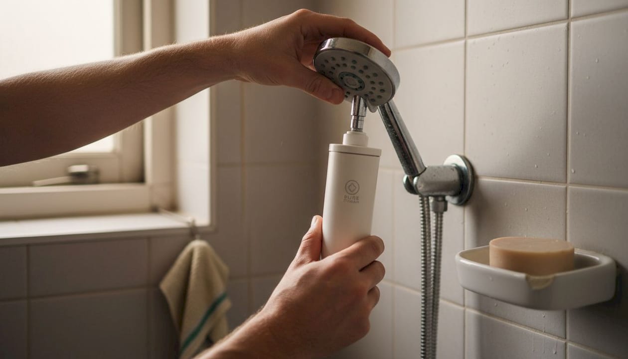 Hands installing a shower filter in bathroom