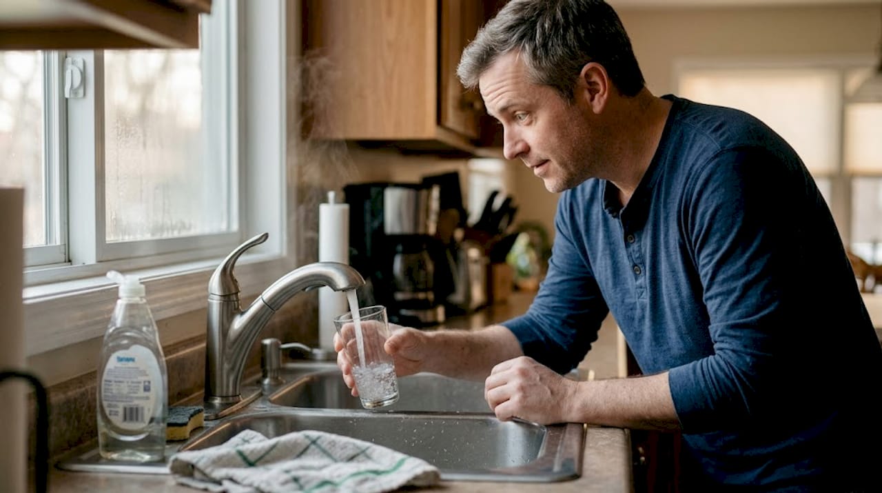 Man inspecting tap water at kitchen sink