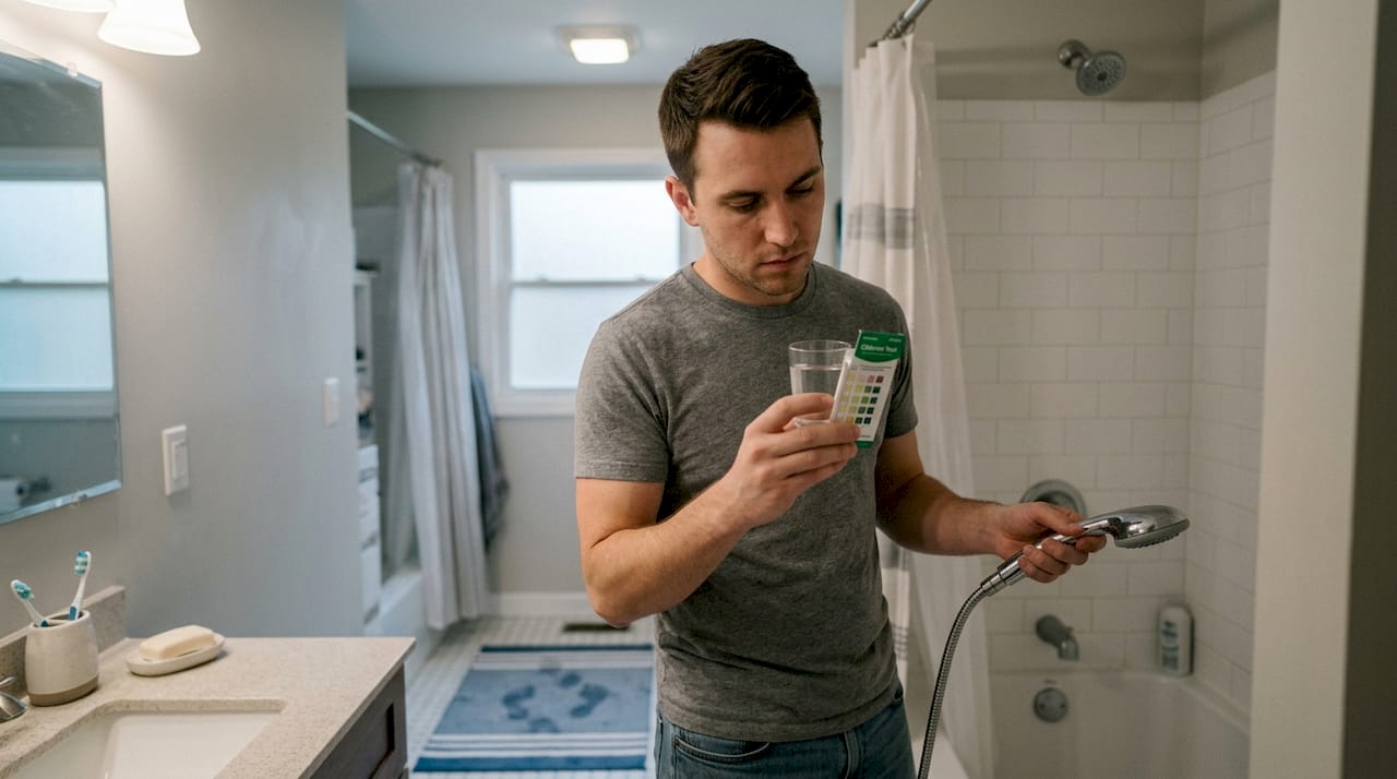 Person uses test strip to check shower water