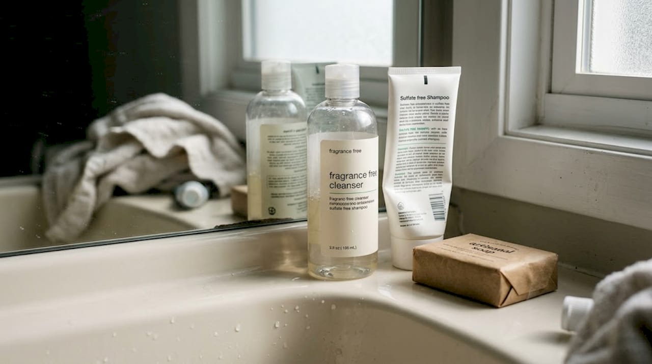 Shelf with gentle skin cleansers and shampoo