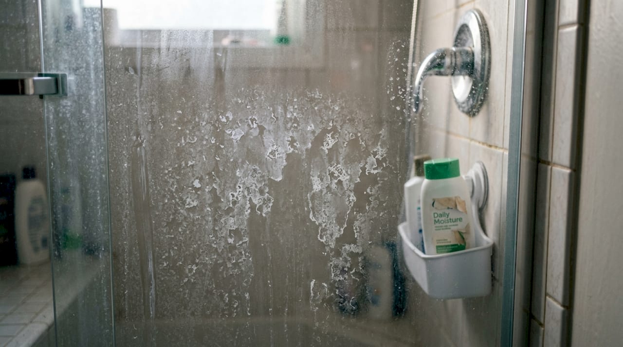 Limescale deposits on shower glass and handle
