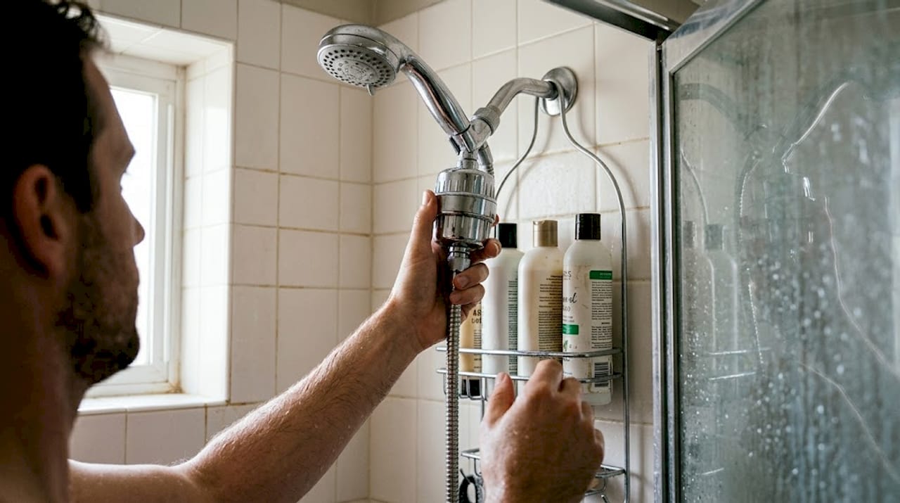 Hand adjusting shower filter in tiled shower