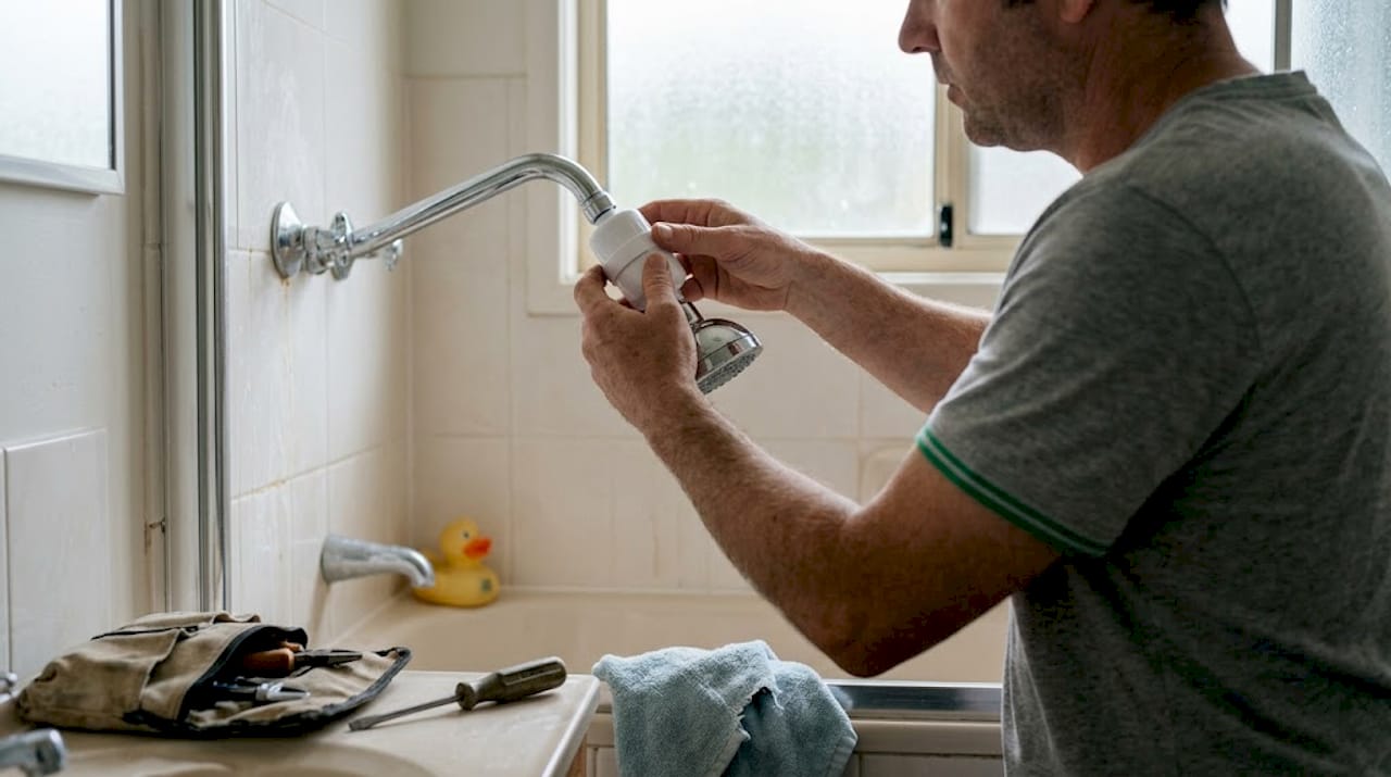 Hands installing shower filter in bathroom