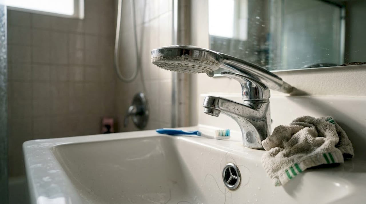 Mineral deposits visible on showerhead and sink