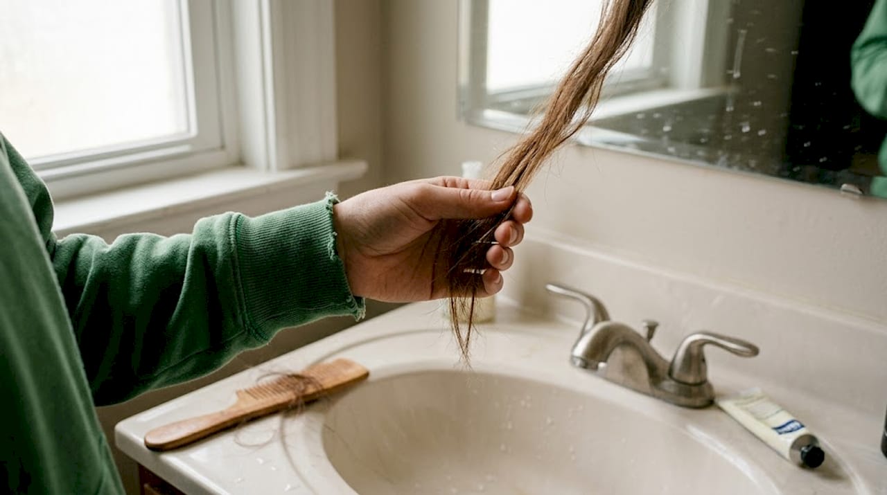 Closeup of dry, tangled hair examined over sink