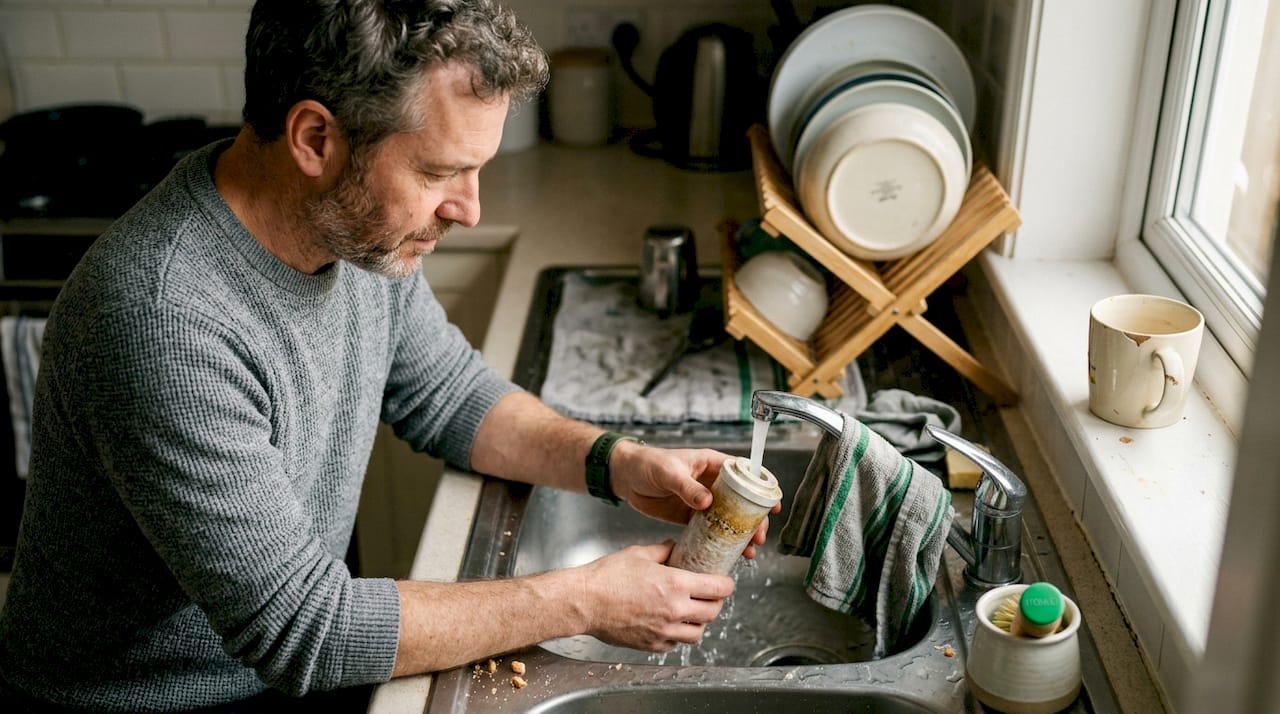Hands rinsing water filter cartridge at kitchen sink