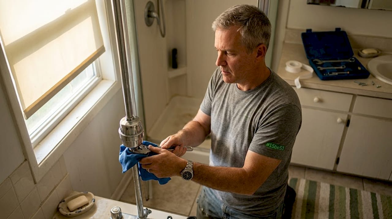 Man installing shower filter in home bathroom