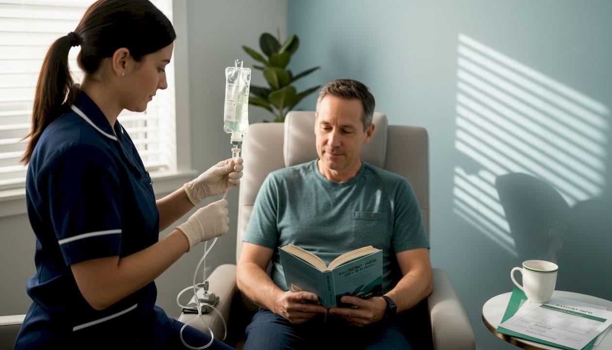 Nurse prepares IV vitamin C infusion in clinic