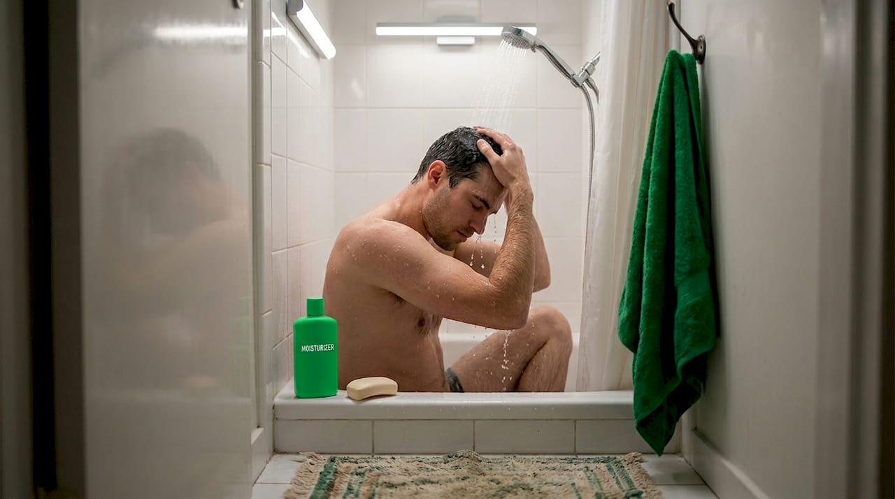 Man rinsing hair in shower with hard water