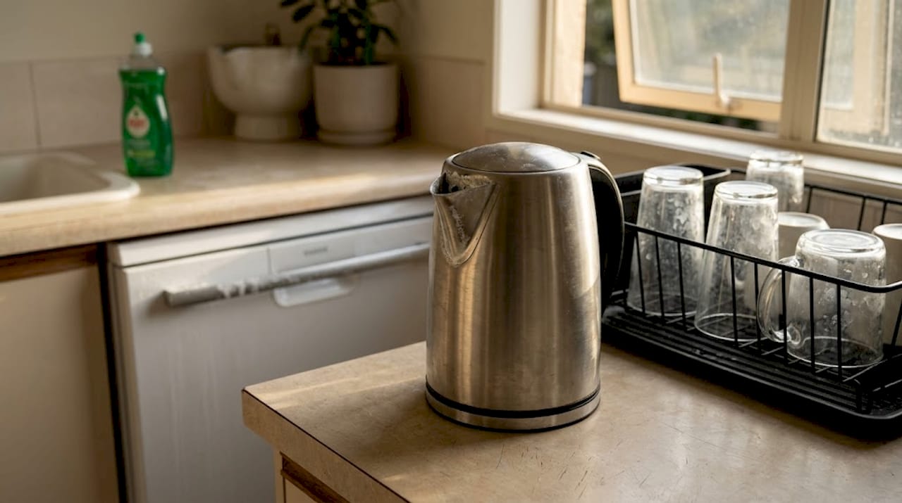 Kettle and glassware with visible hard water stains