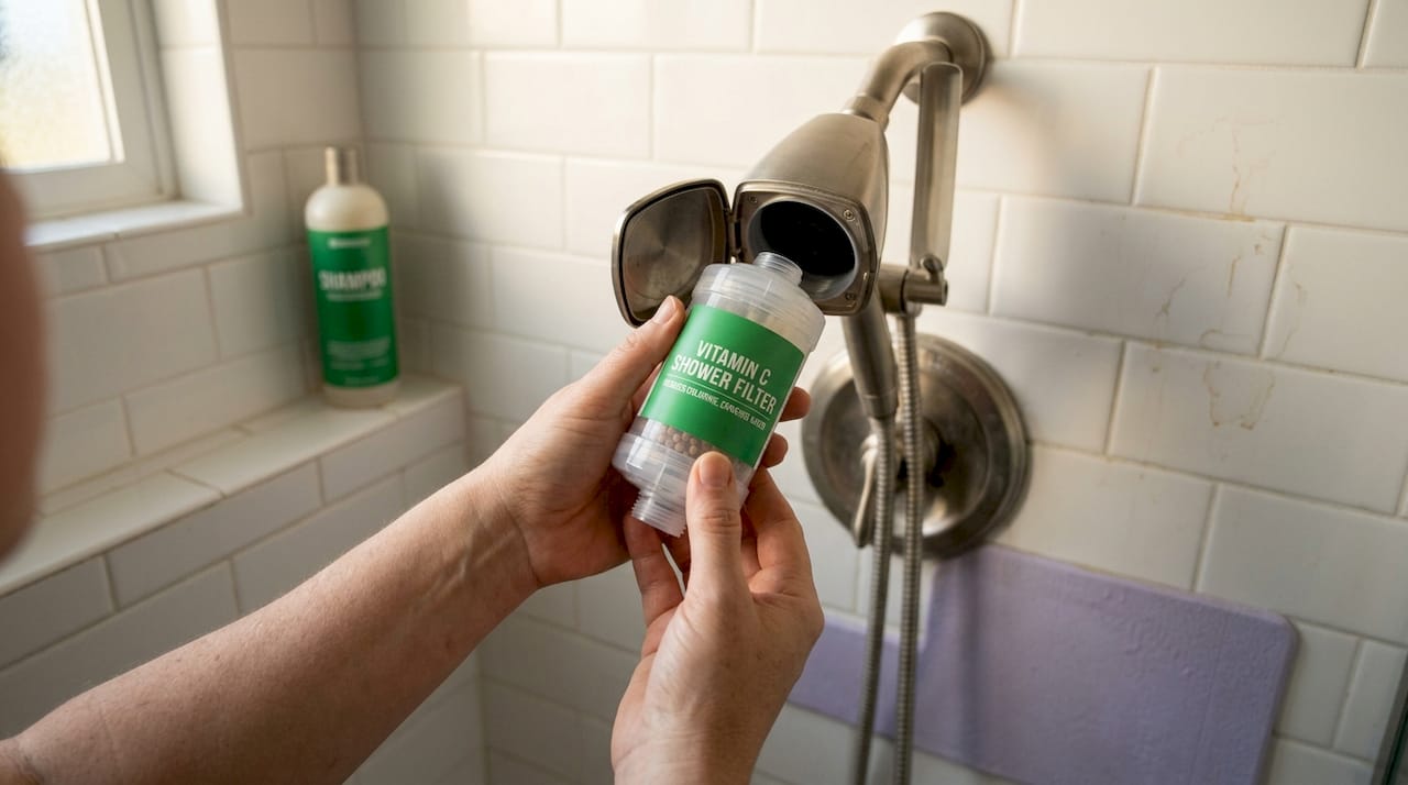 Hands install vitamin c shower cartridge