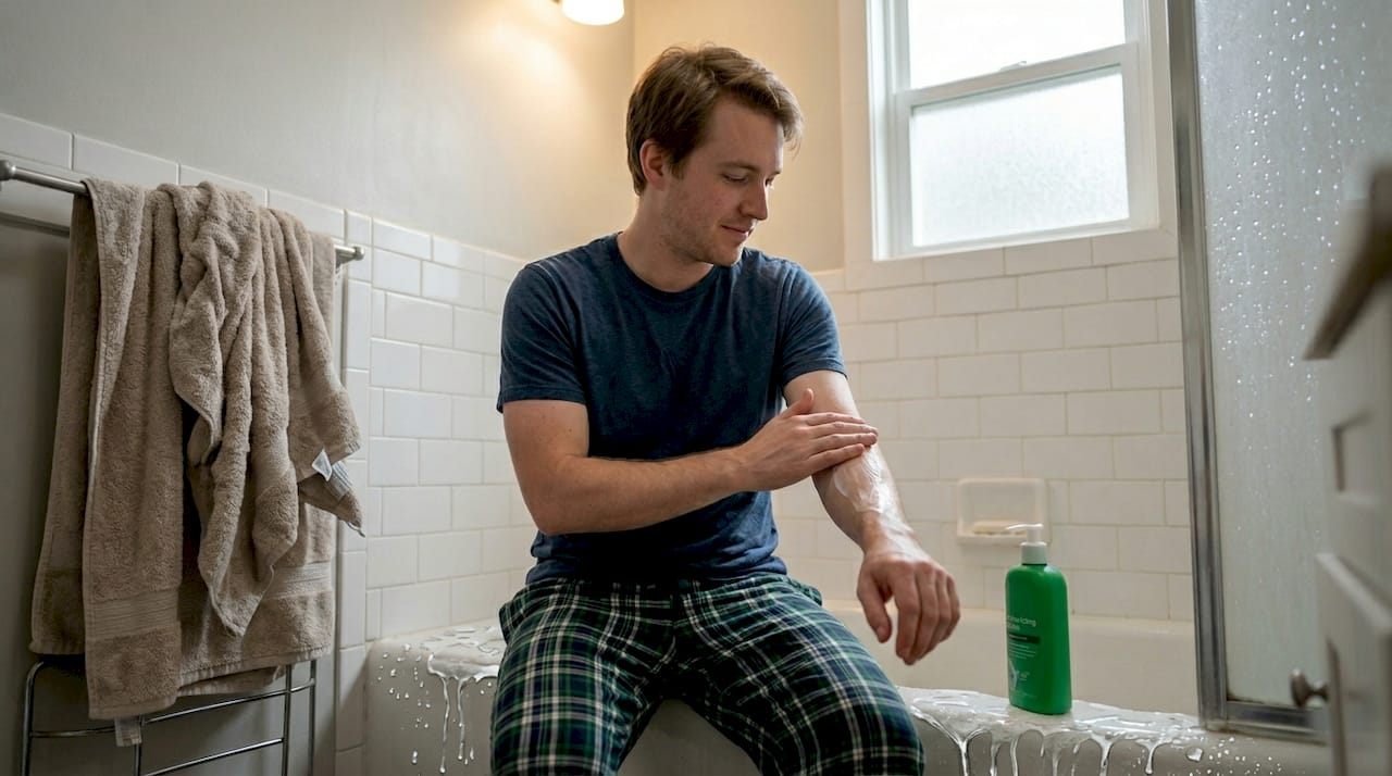 Man applies lotion after shower to dry skin