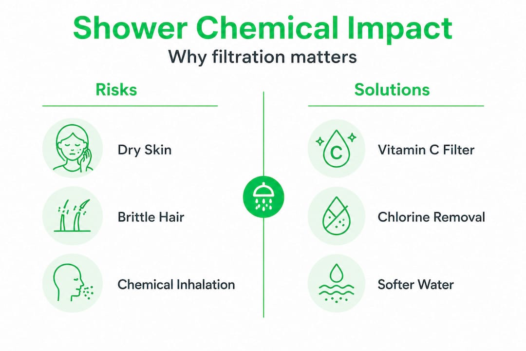 Infographic comparing shower chemical risks and solutions