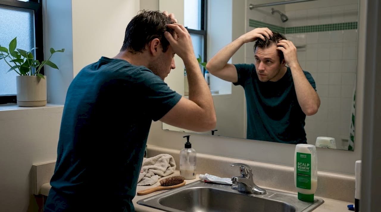 Man examining scalp after shower