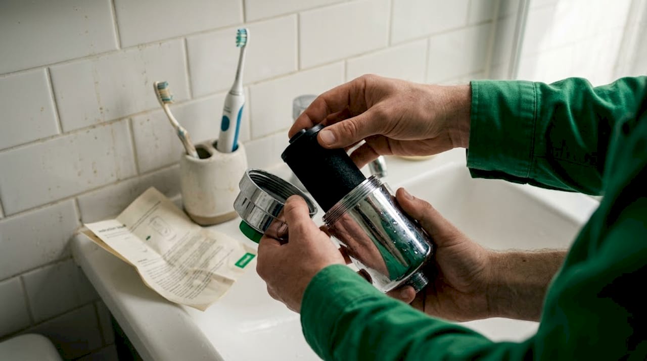 Hands installing carbon shower filter cartridge