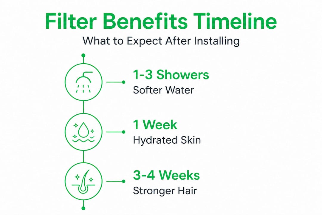 Infographic showing benefits timeline after installing shower filter
