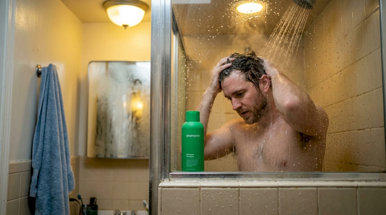 Man showering with visible steam in bathroom