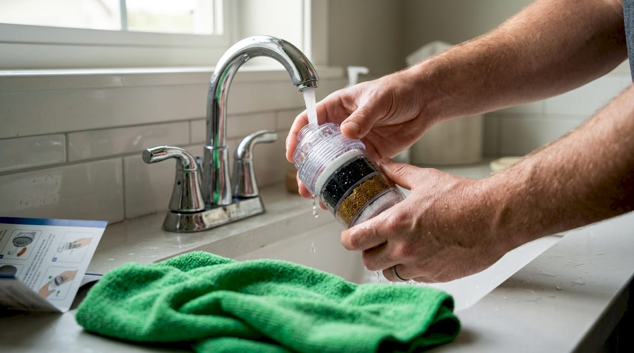 Hands replacing clear shower filter cartridge