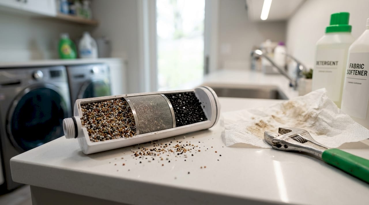 Cross-section of shower filter cartridge on counter