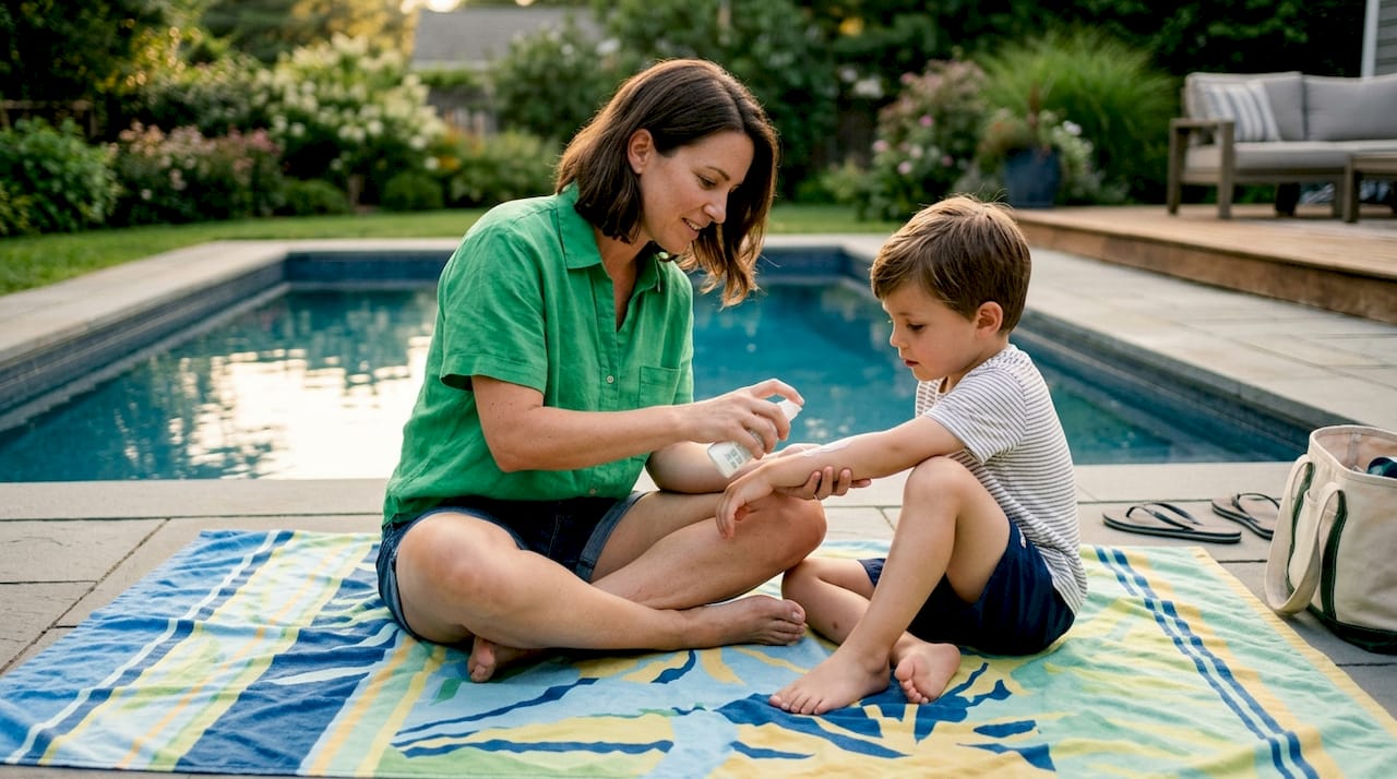 Father applying cream to daughter's arm poolside