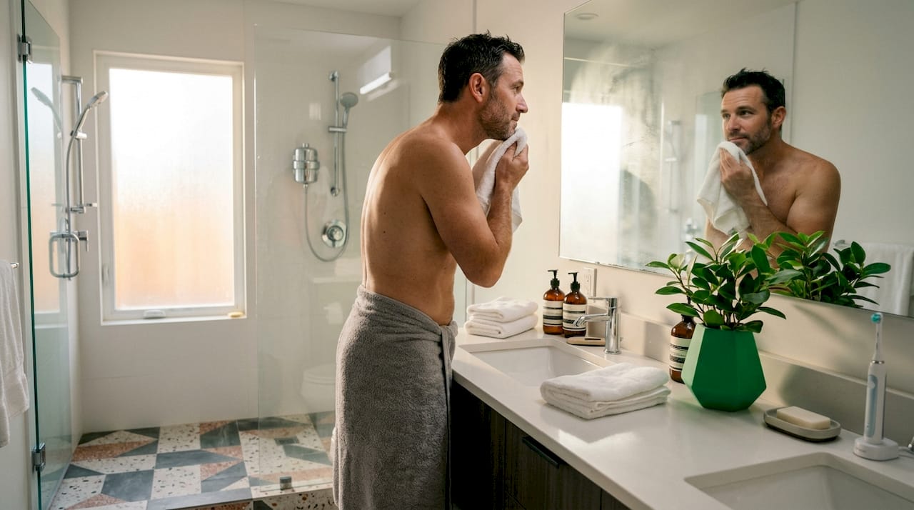 Man after filtered shower drying off in bathroom