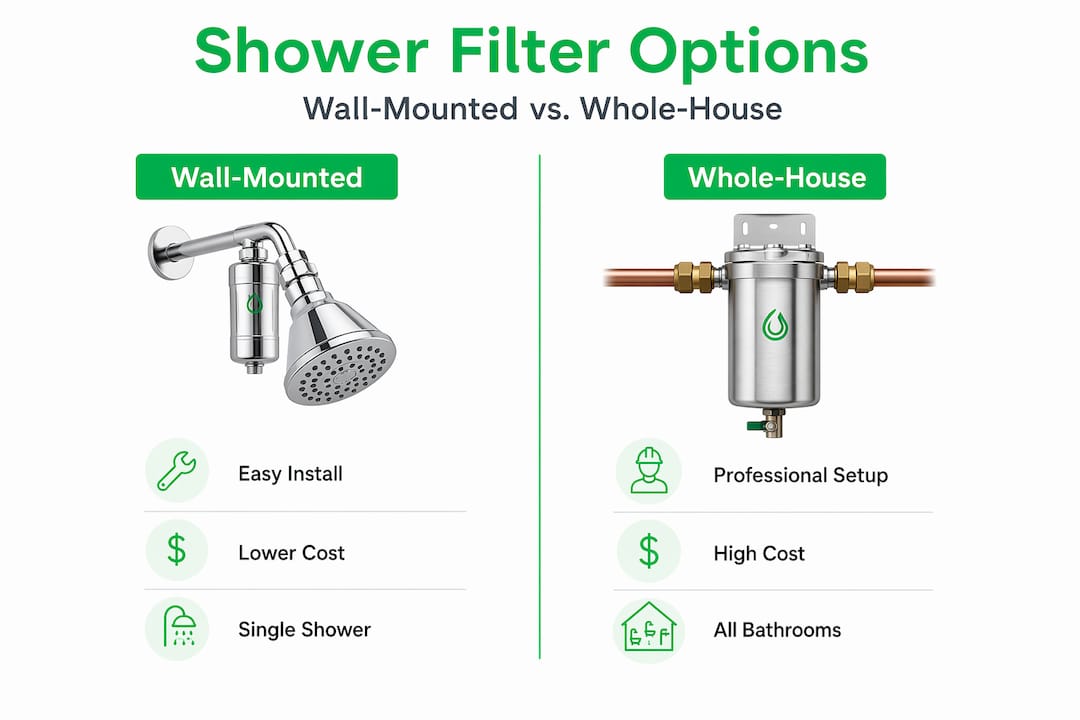 Infographic comparing wall-mounted and whole-house shower filters