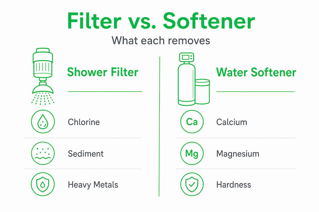 Infographic comparing shower filter and water softener features