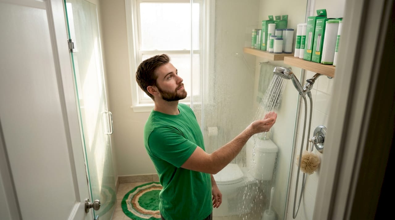 Man checking shower water pressure with filter head