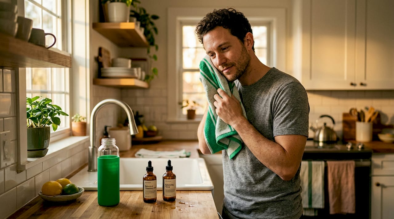 Hydrated man with healthy skin in bathroom