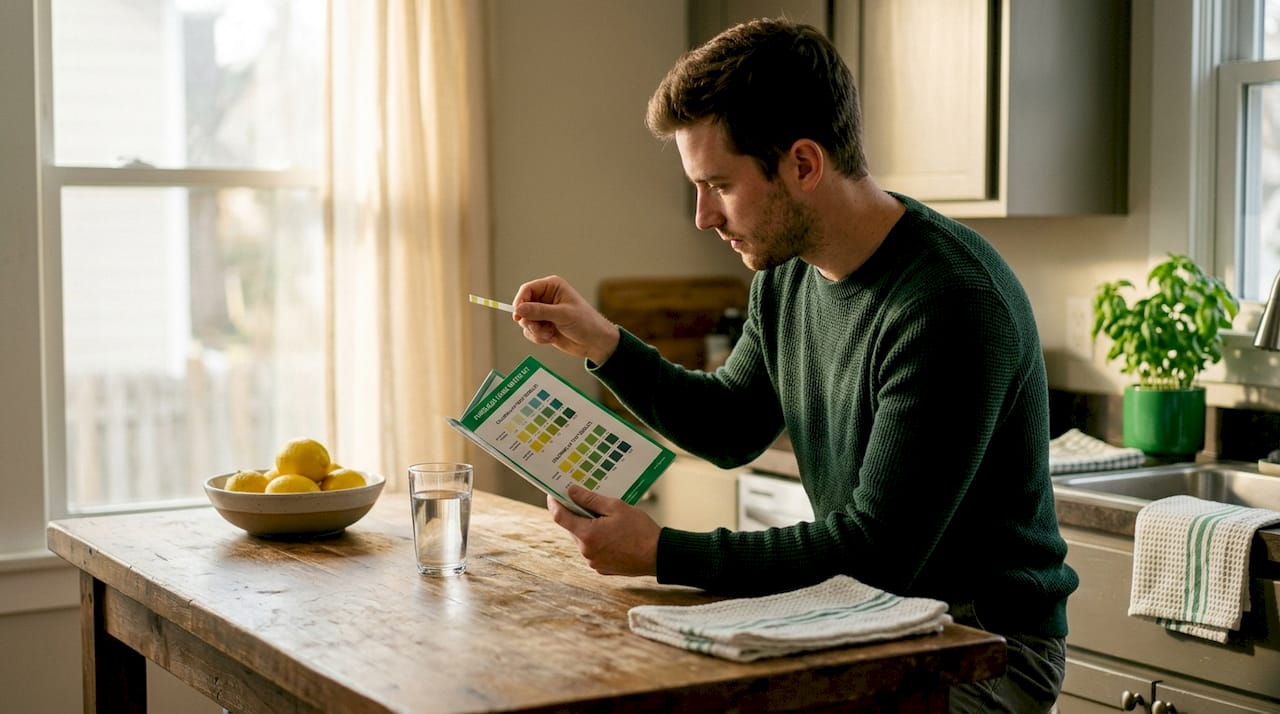 Man checking water hardness with test strip