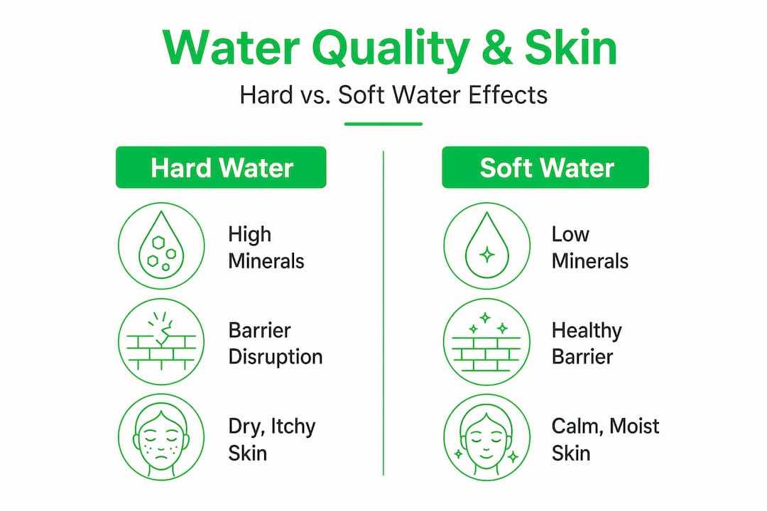 Infographic comparing hard and soft water effects on skin