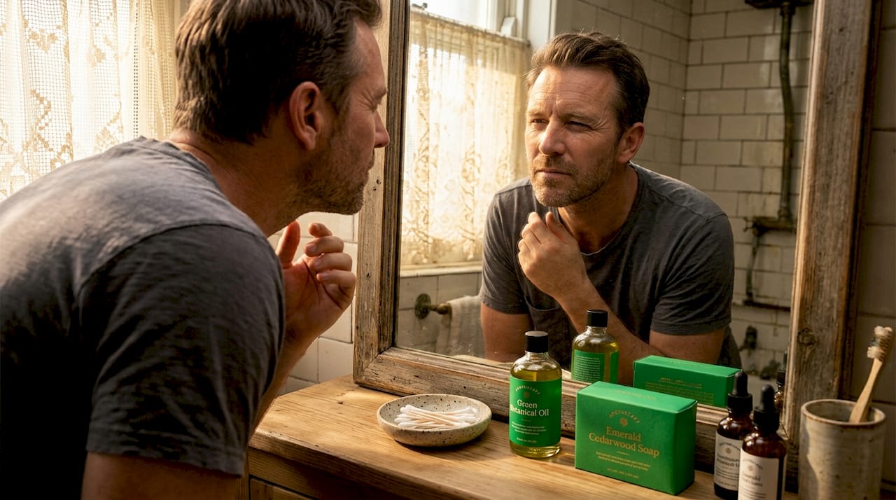 Man examining facial skin for aging signs
