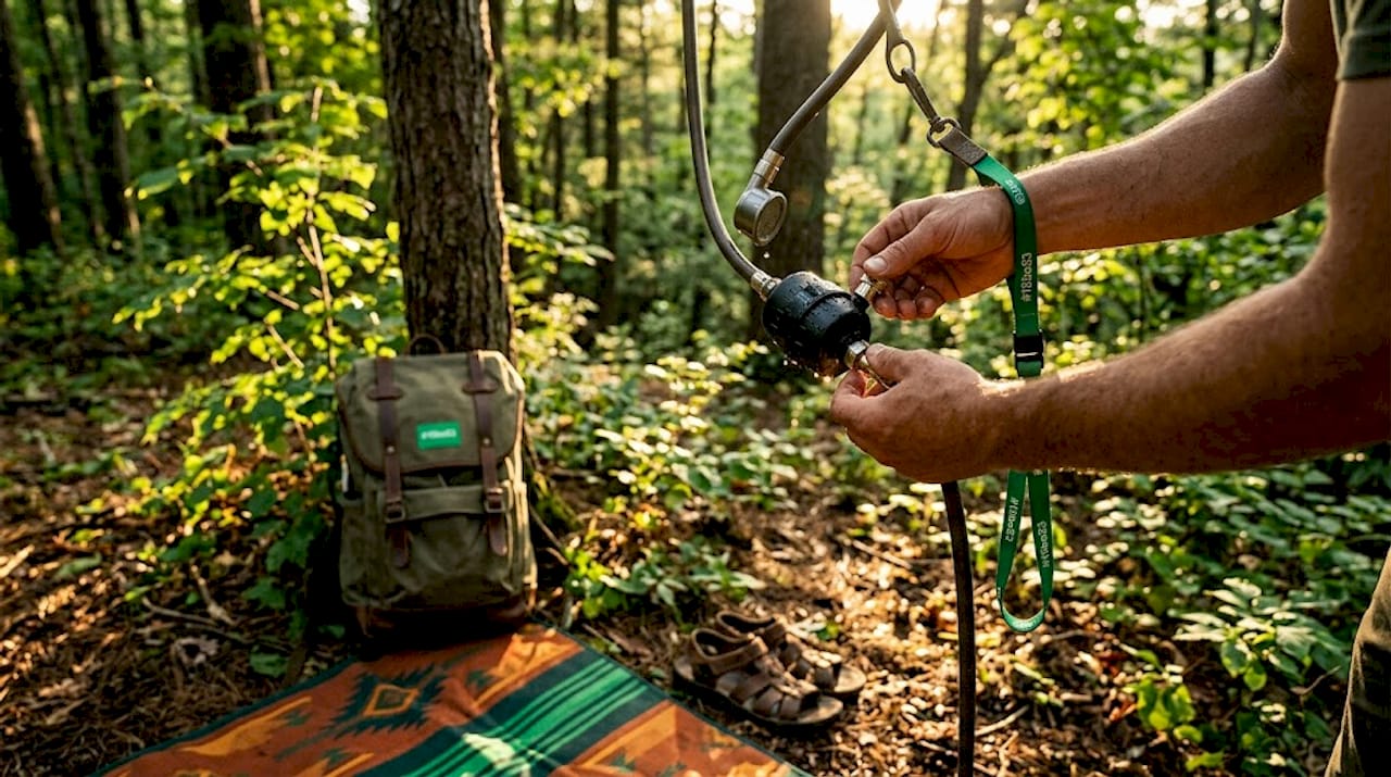 Hands connecting portable shower filter outdoors