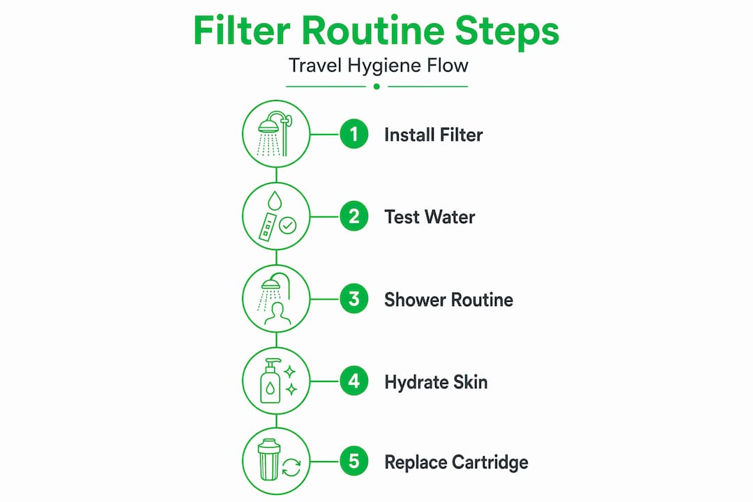 Infographic showing steps of travel shower filter routine