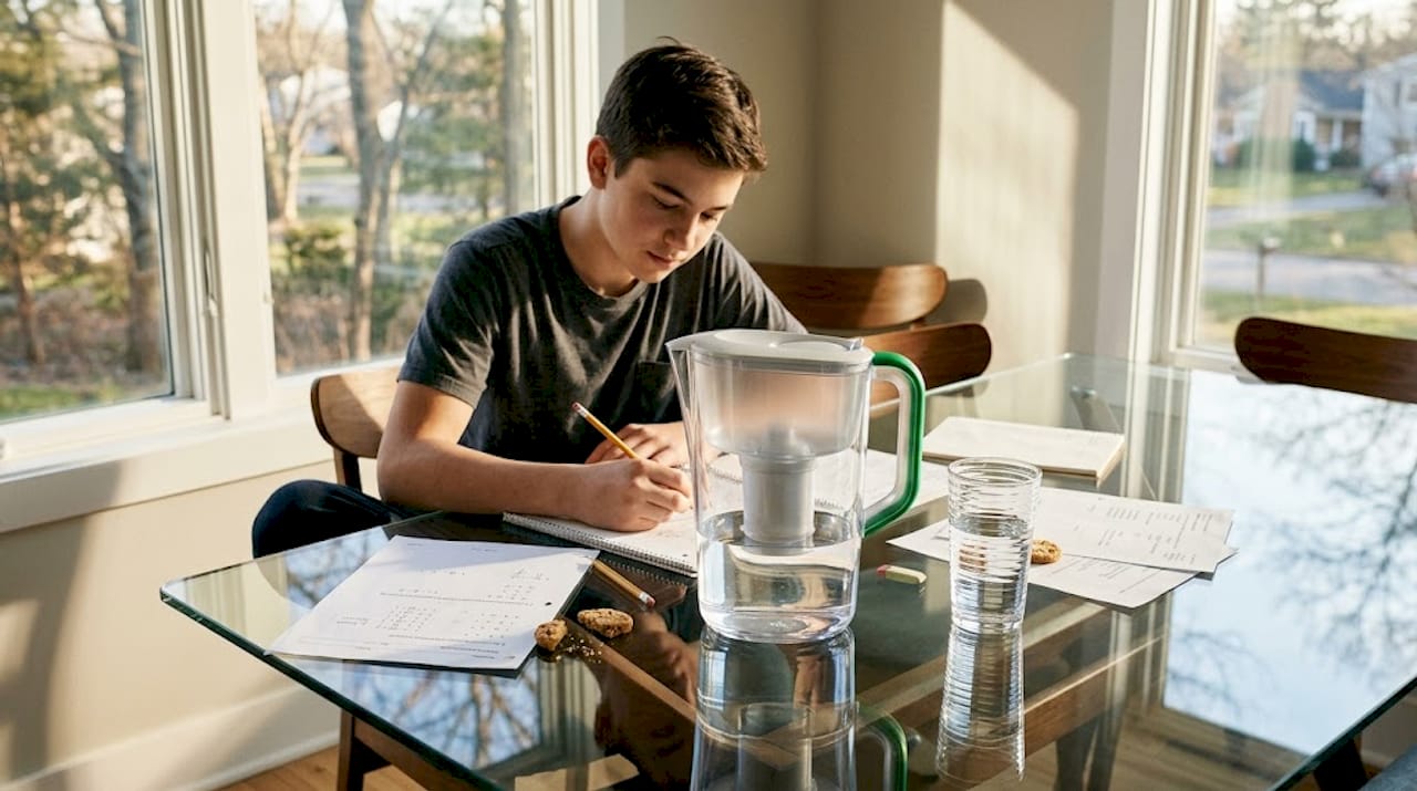 Pitcher water filter on kitchen table