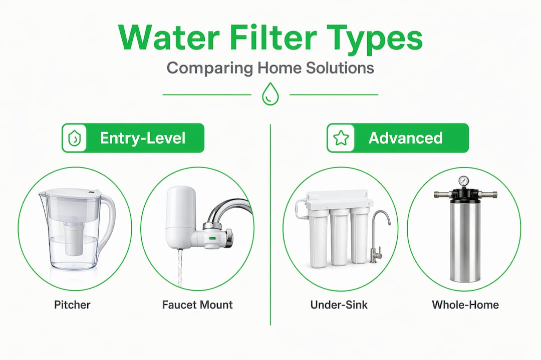 Infographic comparing water filter types for families
