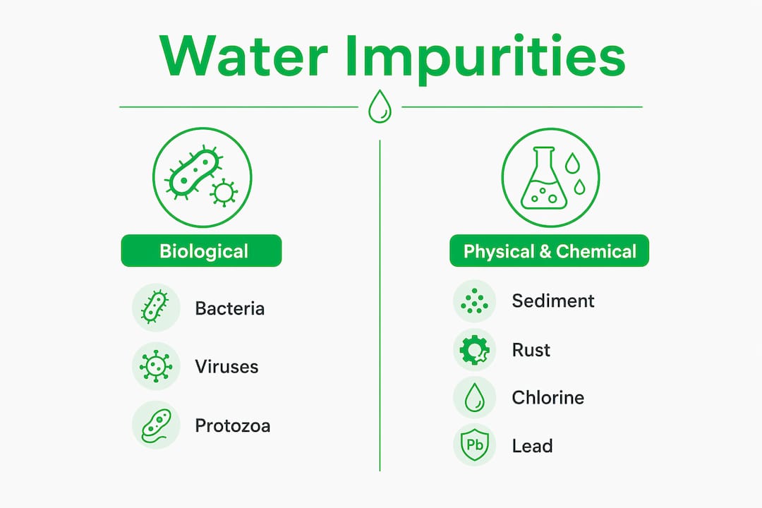 Infographic comparing biological versus physical and chemical water impurities