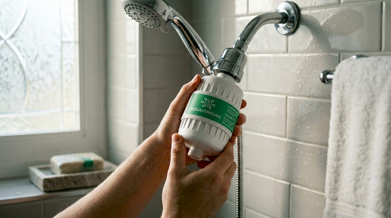 Hands replacing shower filter in bathroom