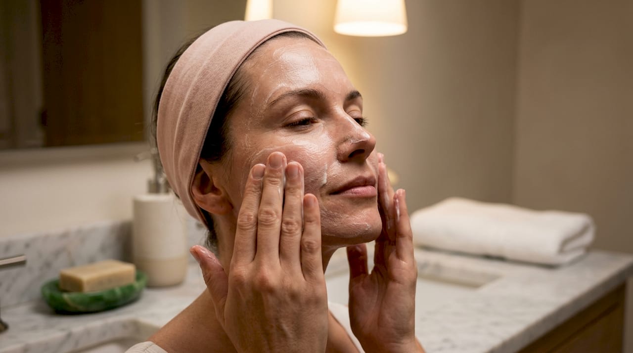 Close-up hands applying creamy cleanser