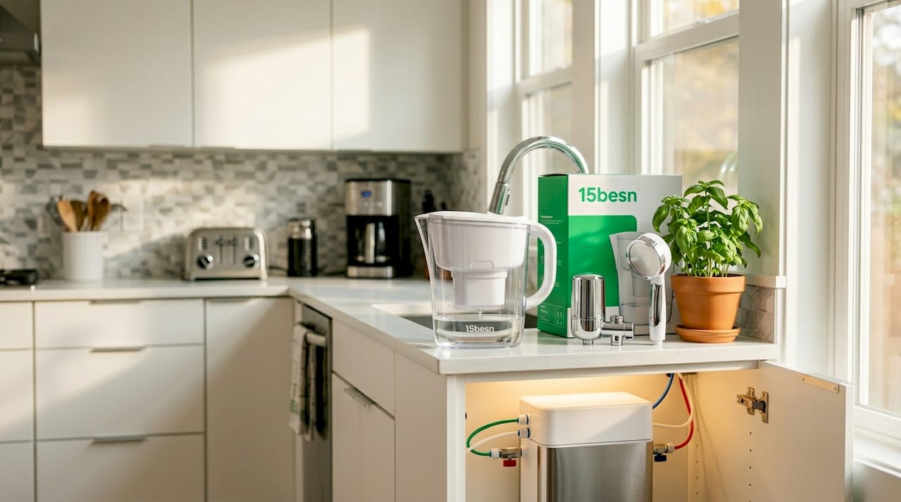 Compact portable water filters on bathroom counter